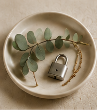 A small lock and gold chain arranged with eucalyptus on a ceramic dish